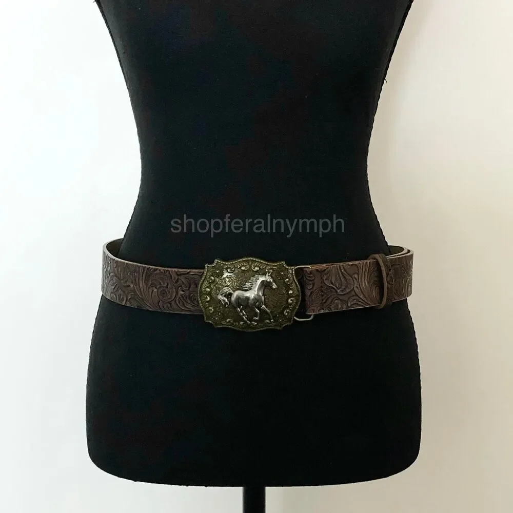 Vintage Ornate Western Brown Faux Leather Belt, Fits 28.5–39 Inches, X7GA1213